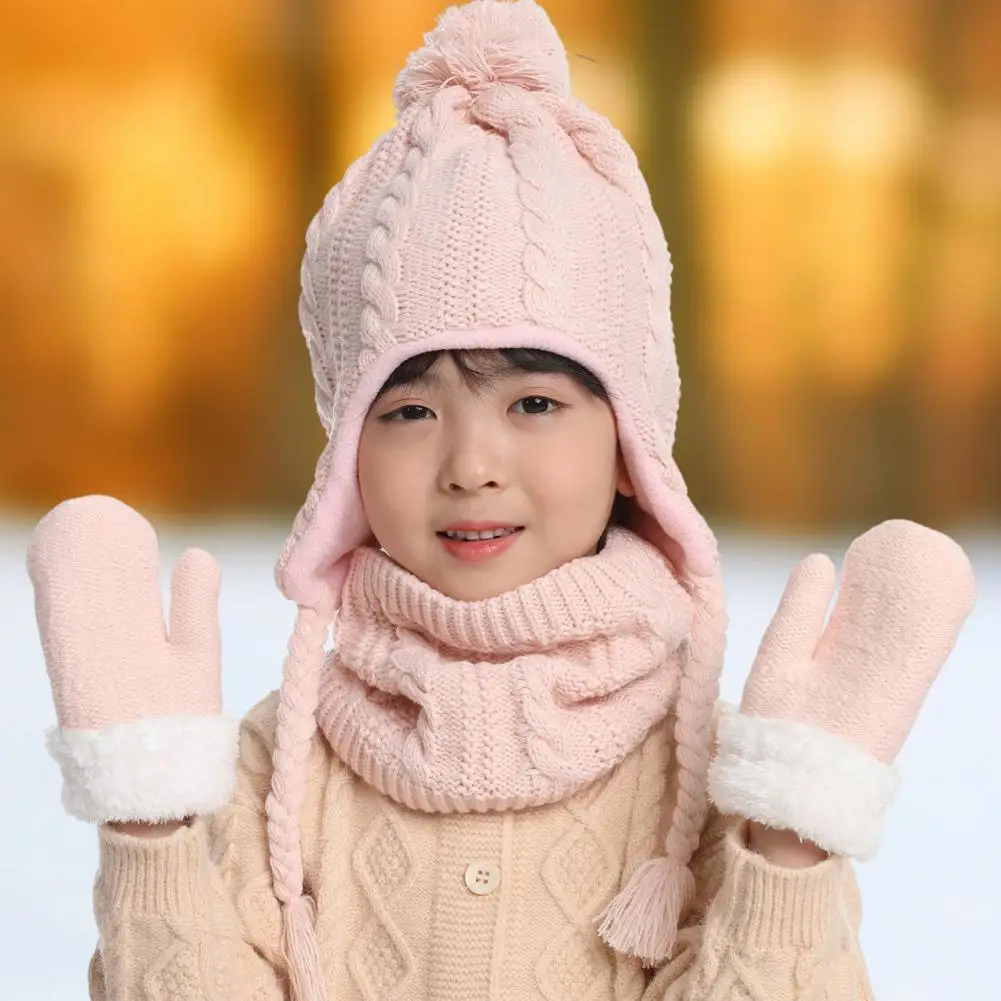 

Cozy Hat Scarf Gloves Warm Windproof Children's Hat Scarf Glove Set with Plush Ball Decor Cozy Outdoor Neck Cover for Boys Girls