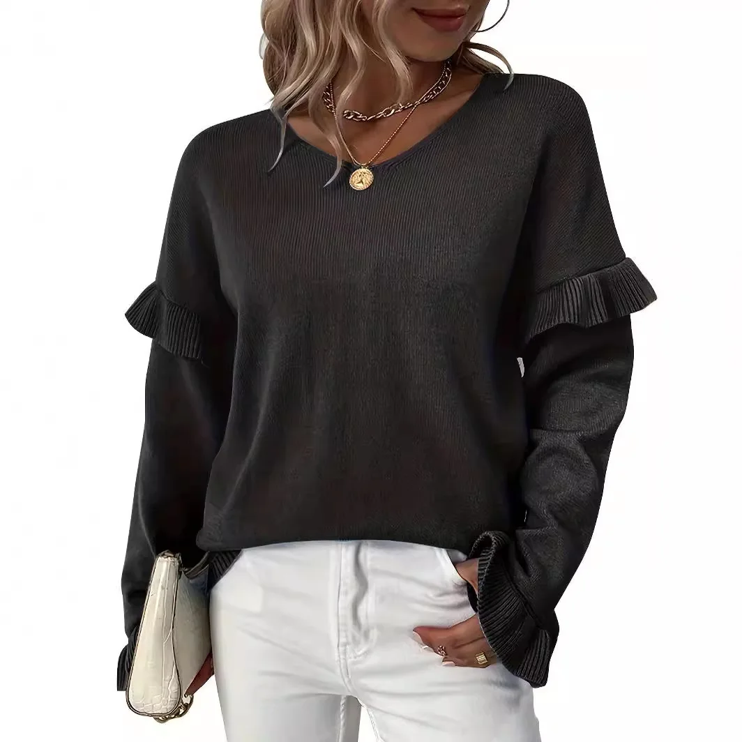 Prendas de punto con manga de pétalo y cuello en V de Color puro para mujer, suéter de nuevo estilo de invierno, Top elegante para mujer