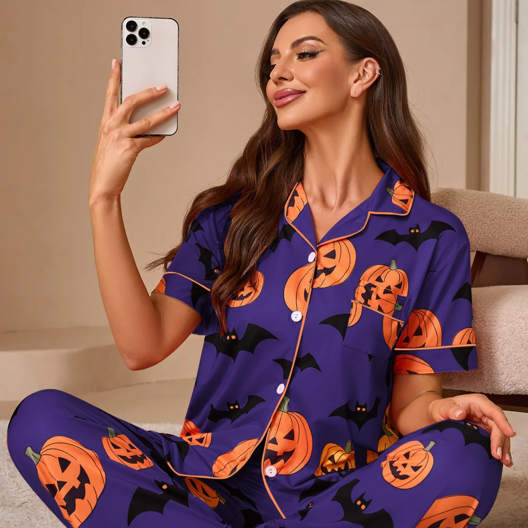 Halloween Themed Pajama with Pumpkin Print Set Cardigan Fashionable Short Sleeved Shirt Long Pants Home Wear for Female