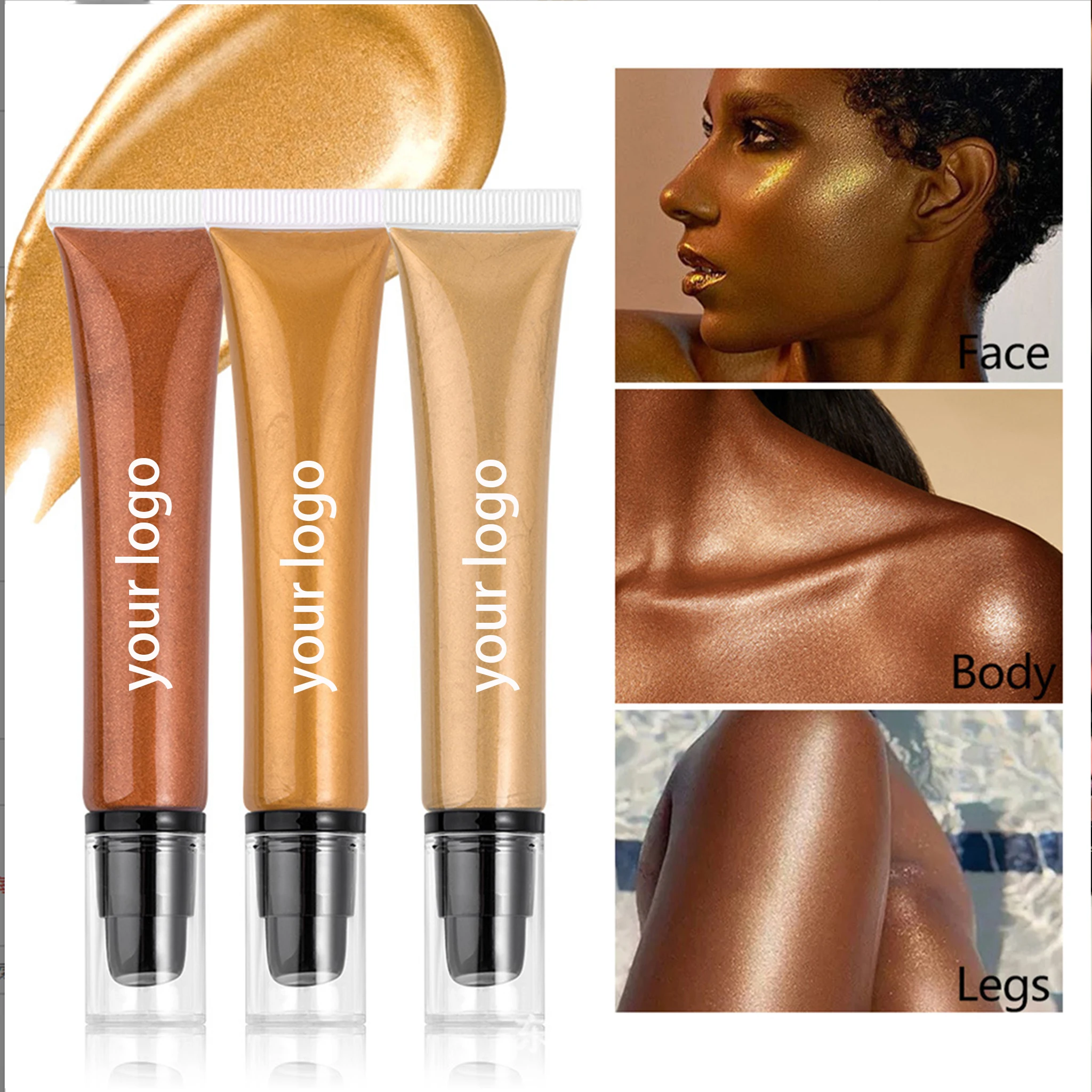 Luxury 5 Colors Black Tube Liquid Highlighter Set Vegan Face Makeup Palette Private Label Custom Logo Wholesale