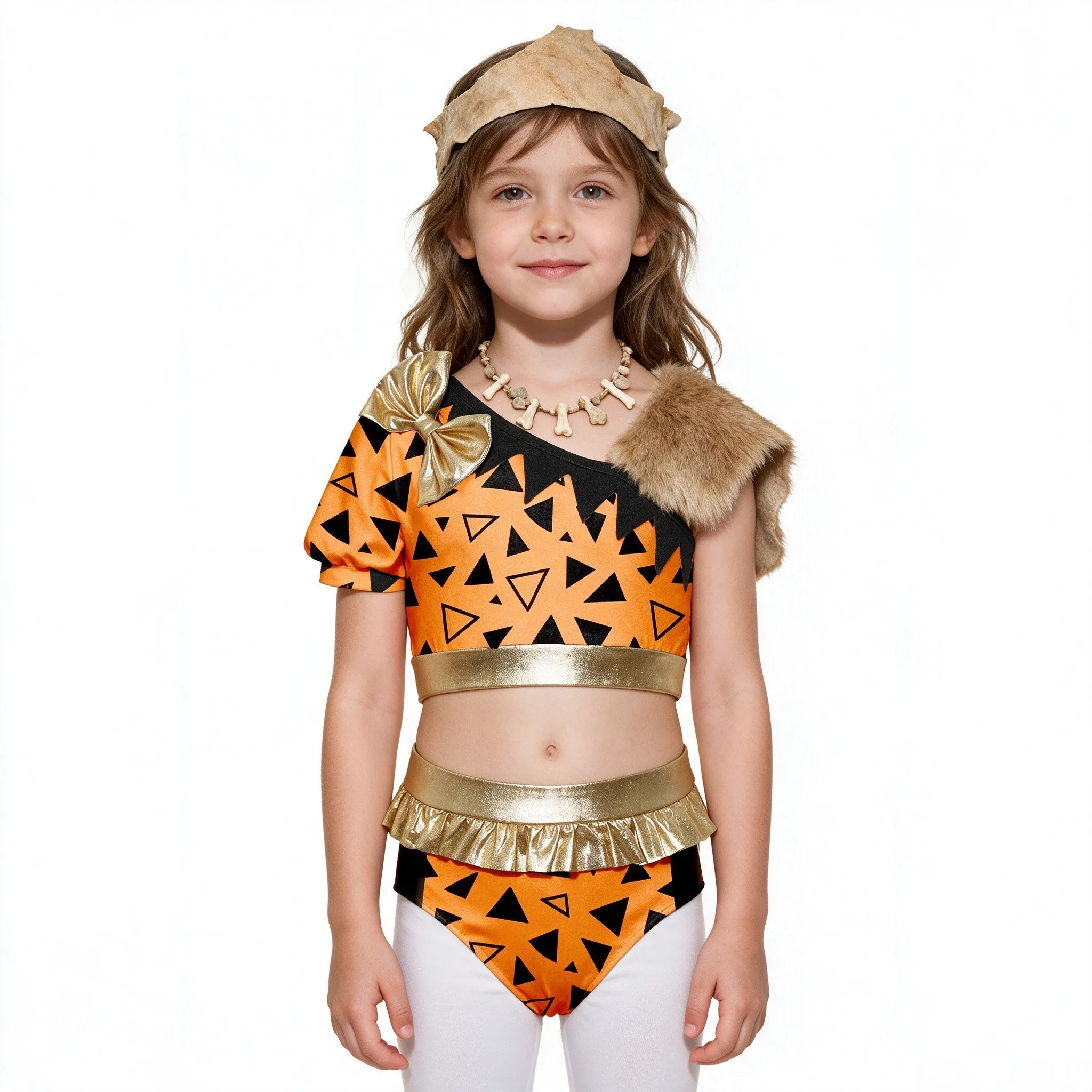 Girls Caveman Cavegirl Primitive Tribe Dress Up Costume Metallic Print Crop Top with Briefs for Halloween Theme Party Carnival