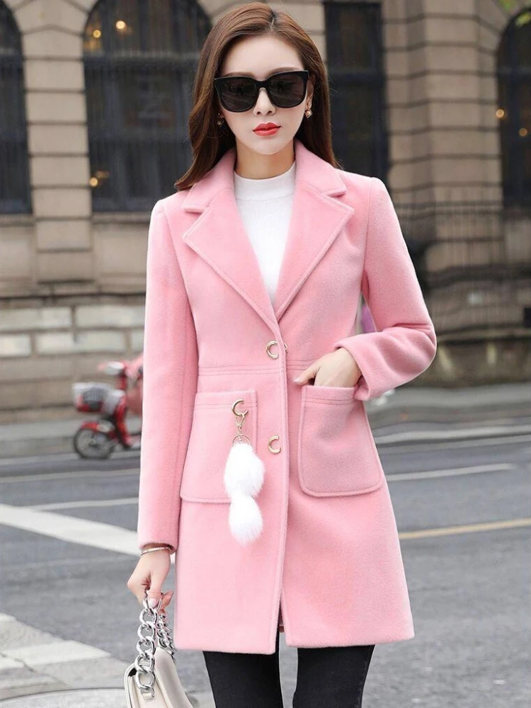 

New 2025 Autumn Winter Women Tweed Coat Mid Length Korean Style Elegant Petite Slim Silhouette Warm Jacket