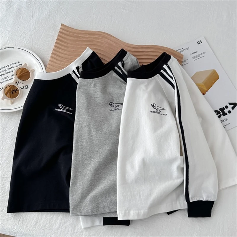 Langarm-T-Shirt mit Tyrannosaurus-Rex-Dinosaurier-Motiv für Jungen, gestreiftes T-Shirt mit Raglanärmeln, weiche Baumwolle, lässiges Oberteil für Kinder von 2–8 Jahren, Pullover – Detail 3