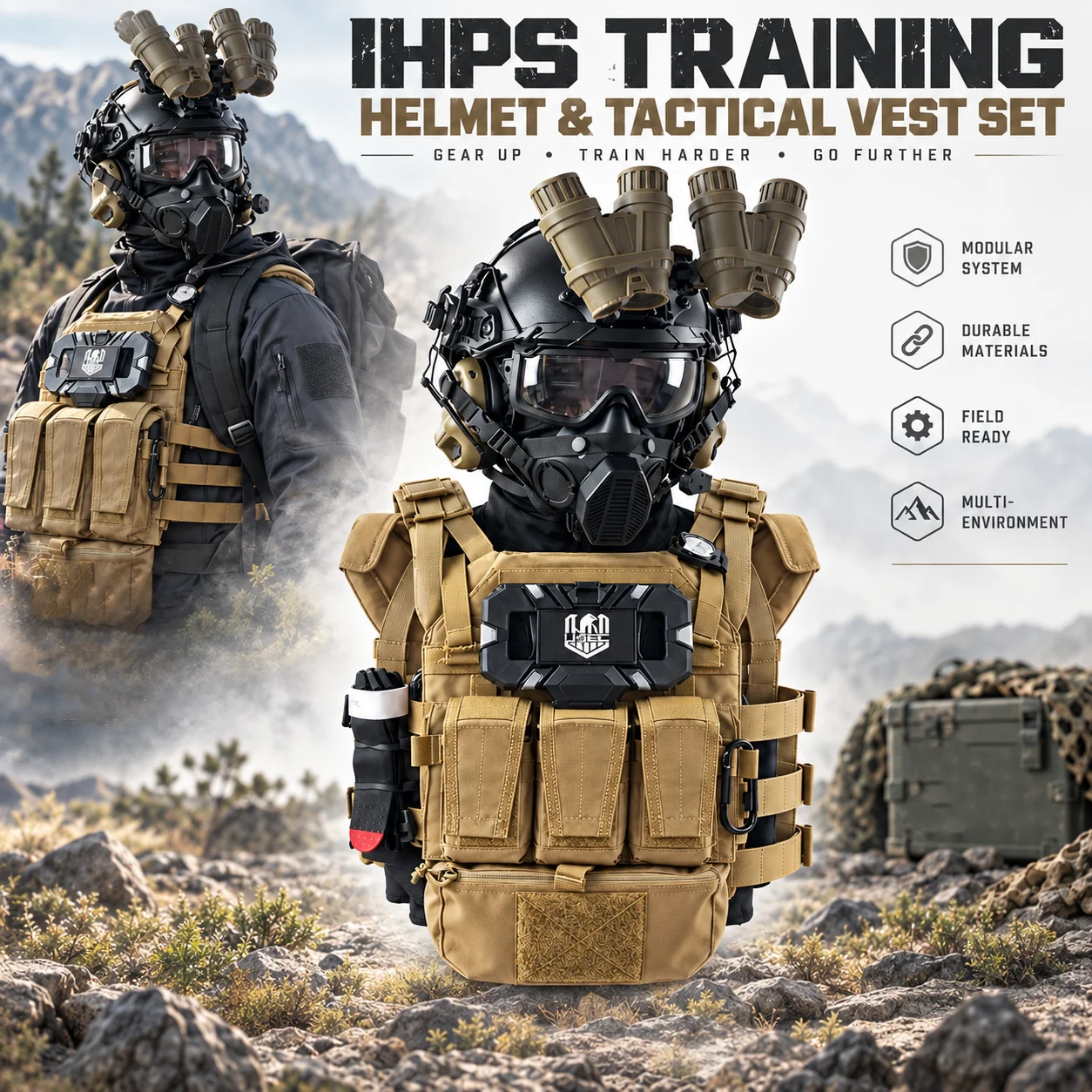 Tactical Cosplay Equipment Set Helmet Vest Quad NVG Night Vision Gas Mask Model for Military Airsoft Outdoor Costume Role Play