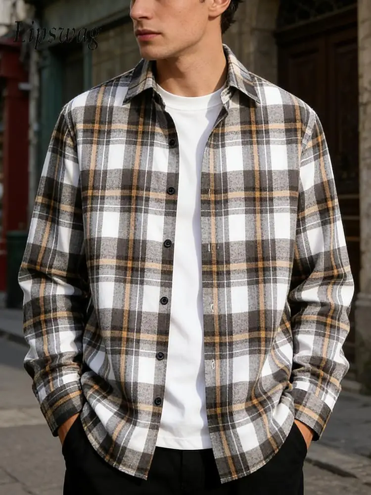 

Стильные клетчатые рубашки с длинным рукавом, мужская уличная одежда, винтажная рубашка на пуговицах с отложным воротником, топы, мужские повседневные рубашки на весну и осень 2026