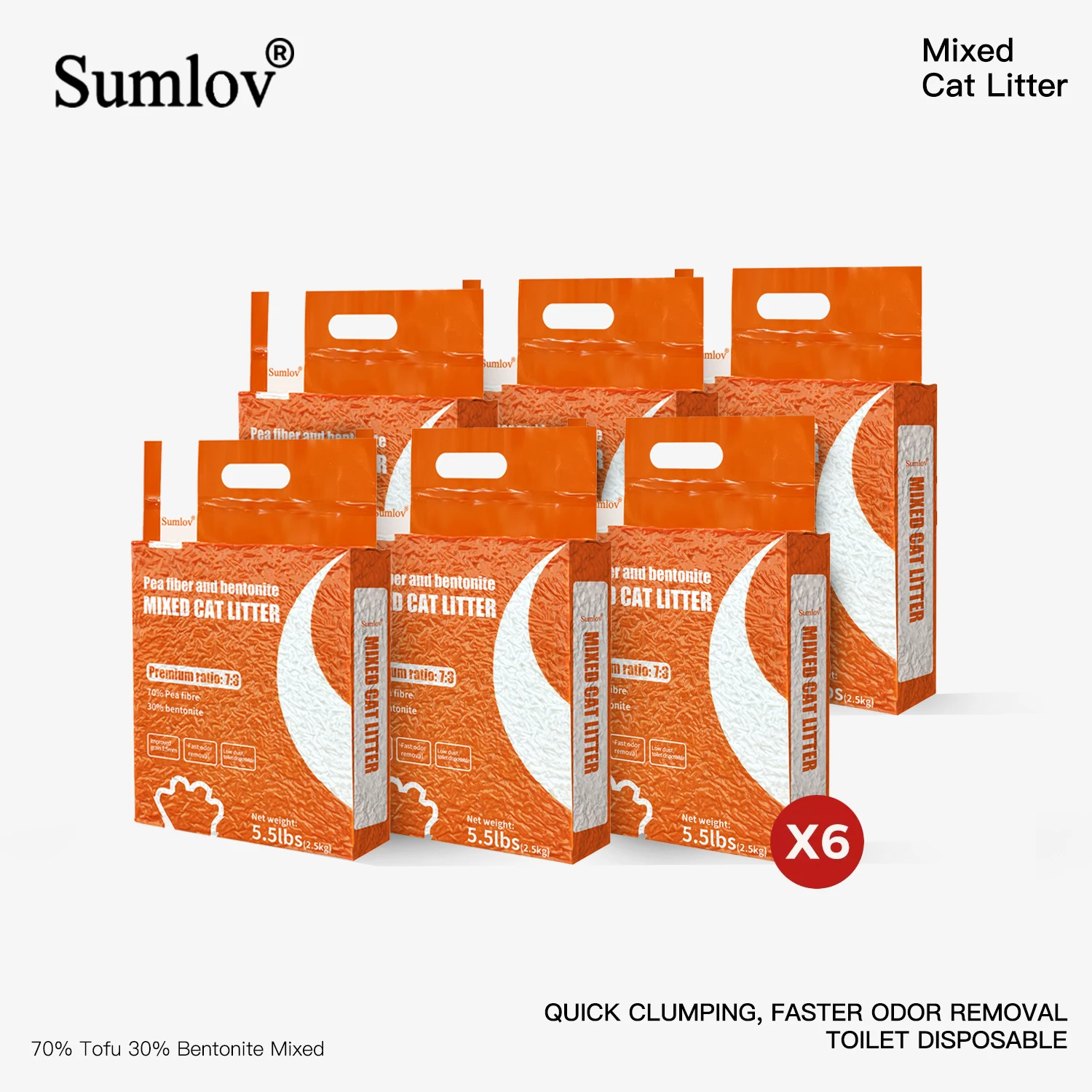 

6bags Sumlov Mixed Tofu Cat Litter, Natural Kitty Litter, Dust-Free, Flushable, Clumping, Odor Control, Dropshipping