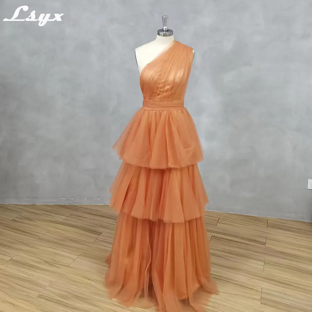 LSYX Tulle A Line One Shoulder Evening Party Dresses For Women Tiered Sleeveless Floor Length Prom Gowns Custom Made