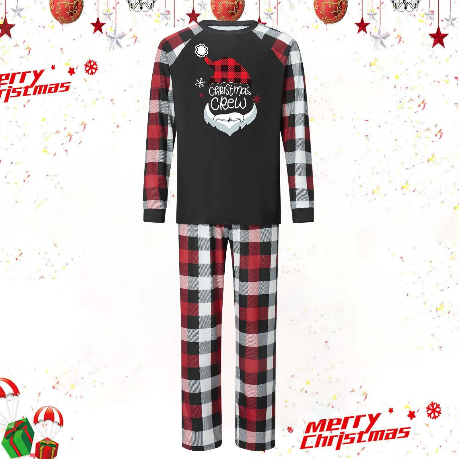 Baju tidur keluarga, piyama Natal Set baju monyet bayi/huruf cetak Natal lengan panjang + celana kotak-kotak