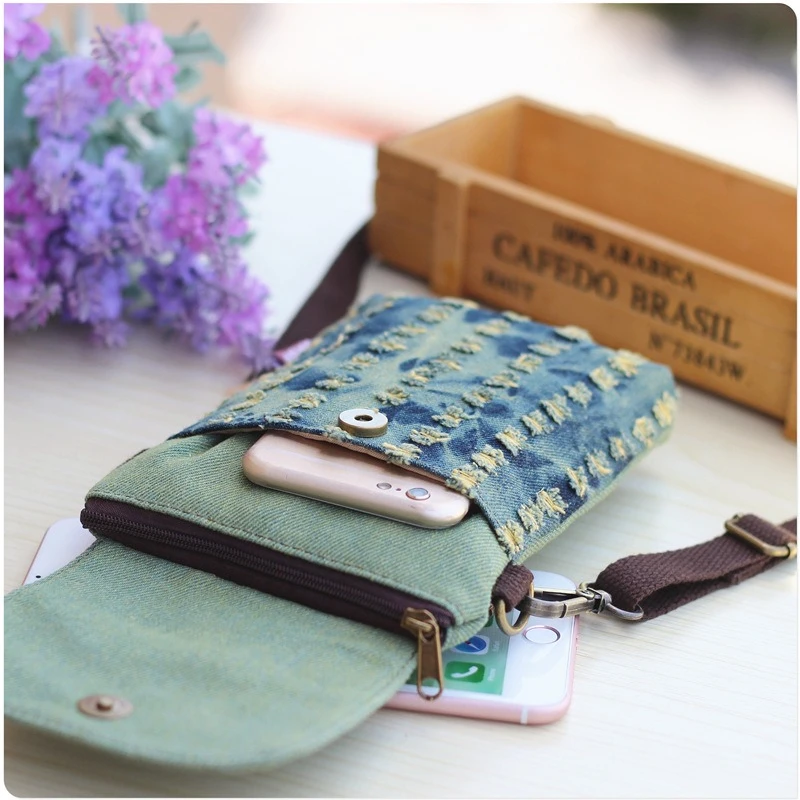 Fashionable Casual Denim Perforated Single Shoulder Diagonal Cross Phone Bag, Change Small Item Storage Bag