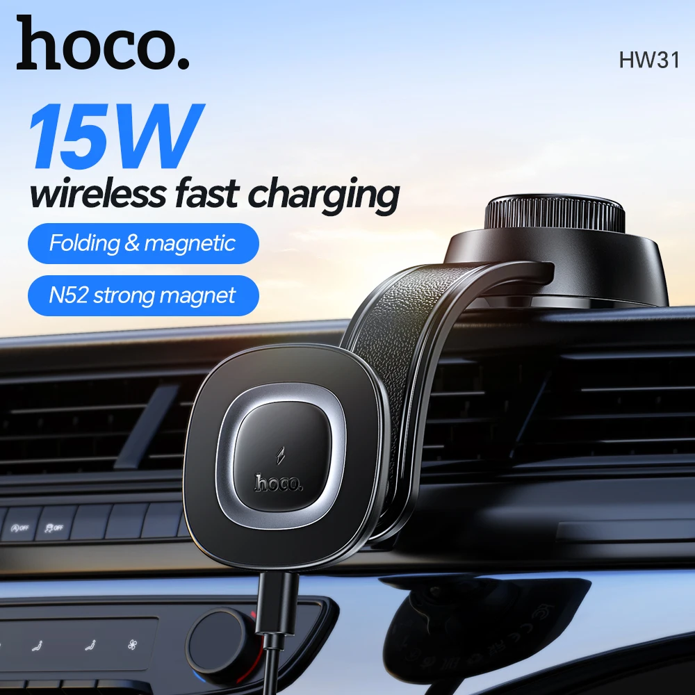 

HOCO 15W Wireless Magnetic Fast Charging Holder in Car For iPhone 16 15 Pro Max N52 Strong Magnets Adjustable Mount For Samsung