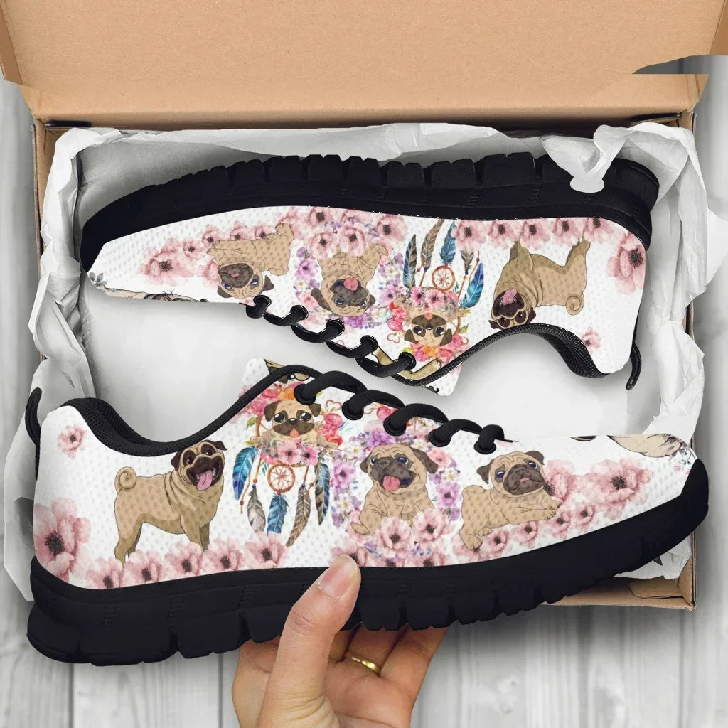 Cute Pug Pattern Flower Print Lightweight Outdoor Shoes Black Platform Shoes Summer Breathable Sneakers Zapatos