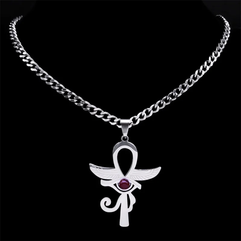 Ancient Ankh Cross Eye of Horus Egypt Wings Necklace Amulet Women Stainless Steel Red Stone Religious Necklaces Jewelry N9751S03