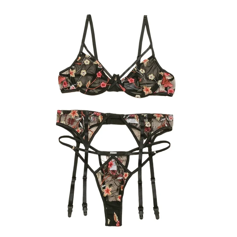 

3 Pieces Set Sexy Embroidery For Women Female Hot Caliente Lingerie Underwear Seductive Attractive Apparel Erotic Set