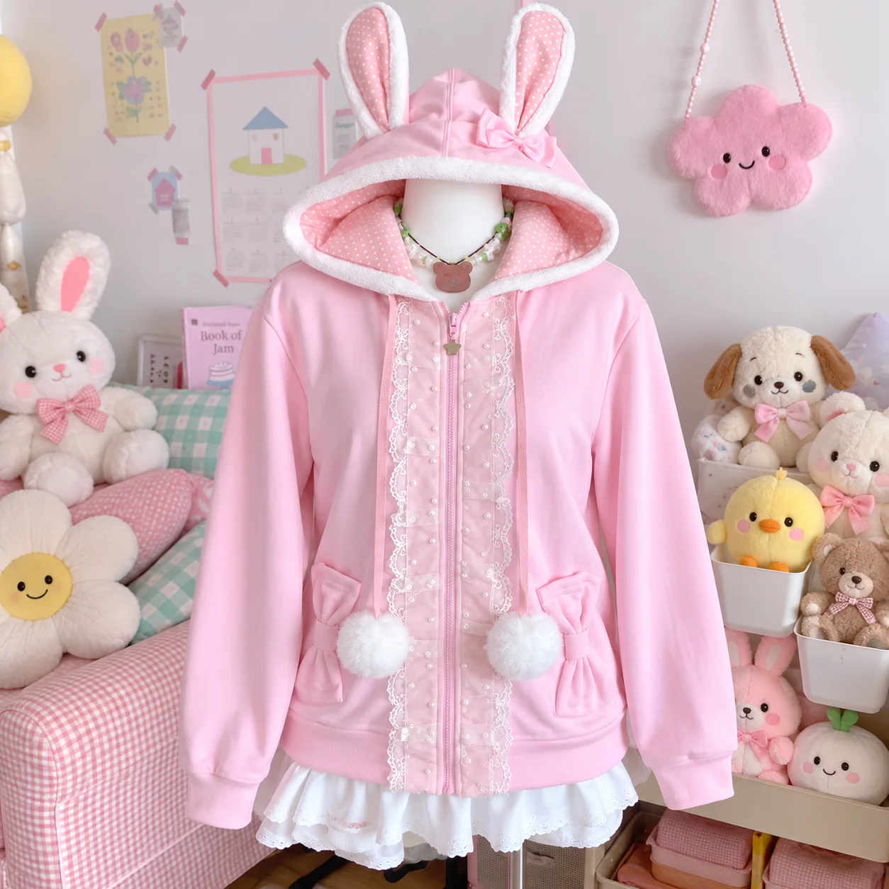 Japanese Cute Coat Embroidery Rabbit Ear Hooded Subculture Kawaii Y2k Tops Casual Fashion Sweet Coats Ropa Mujer Women Clothing image 5