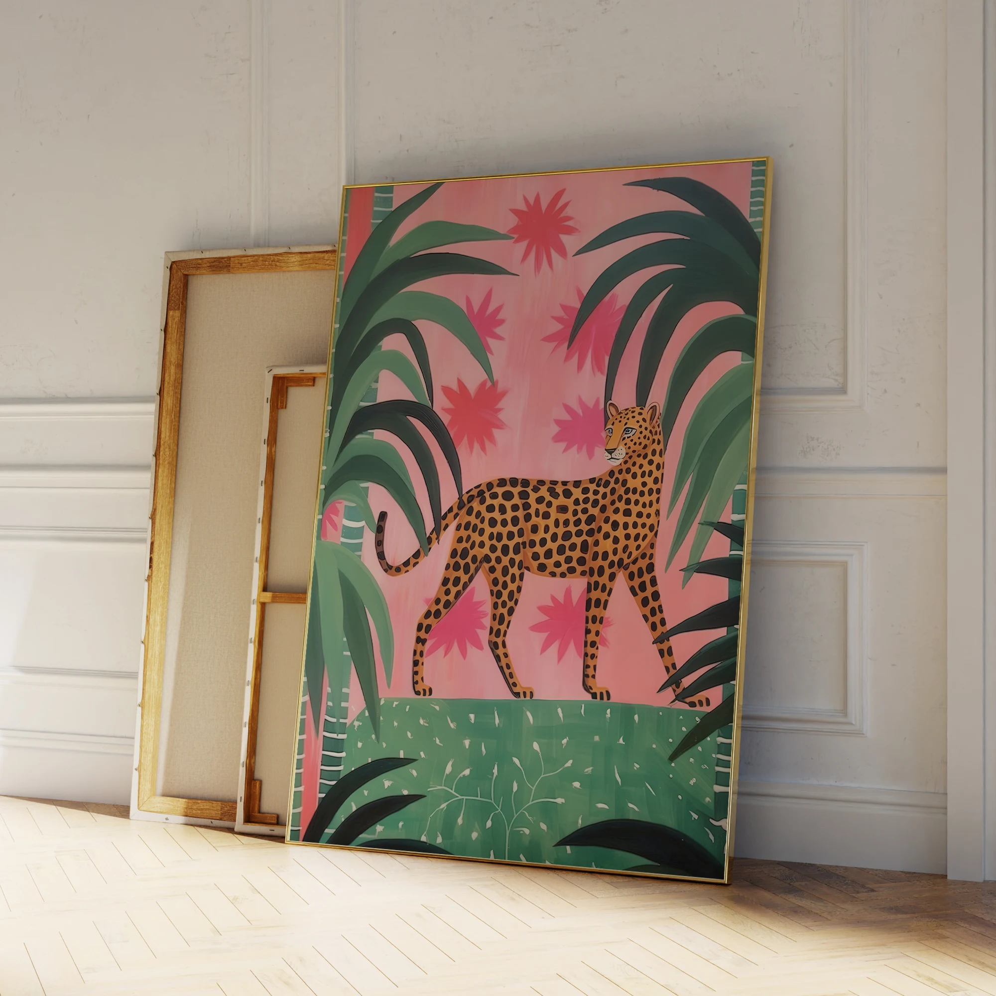 Guepardo rosa y verde en la jungla estilo Matisse, impresiones artísticas de pared, pintura en lienzo, póster, imagen para decoración del hogar y la sala de estar