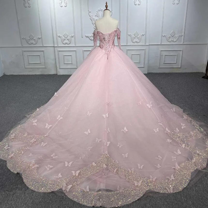 Vestidos de Quinceañera de manga larga con hombros descubiertos, lentejuelas, cuentas, mariposa, cola, corsé, Rosa