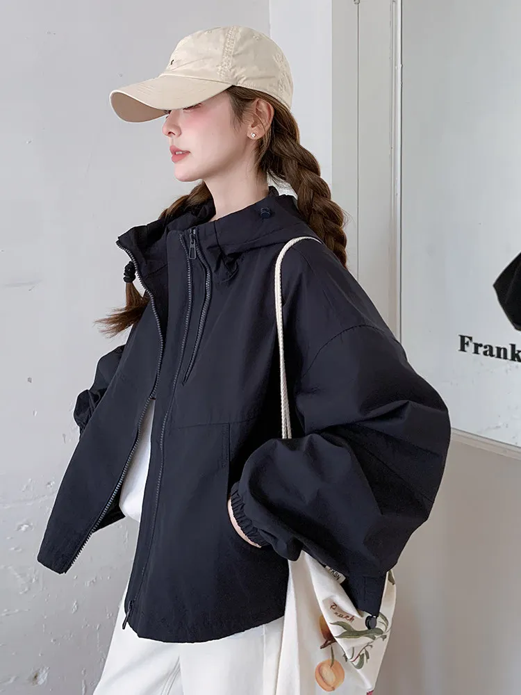 Olive Green Women's Jacket Spring New Style Fashion Workwear Short Coat Casual Loose Fit Bright Surface Zipper Closure Long S...