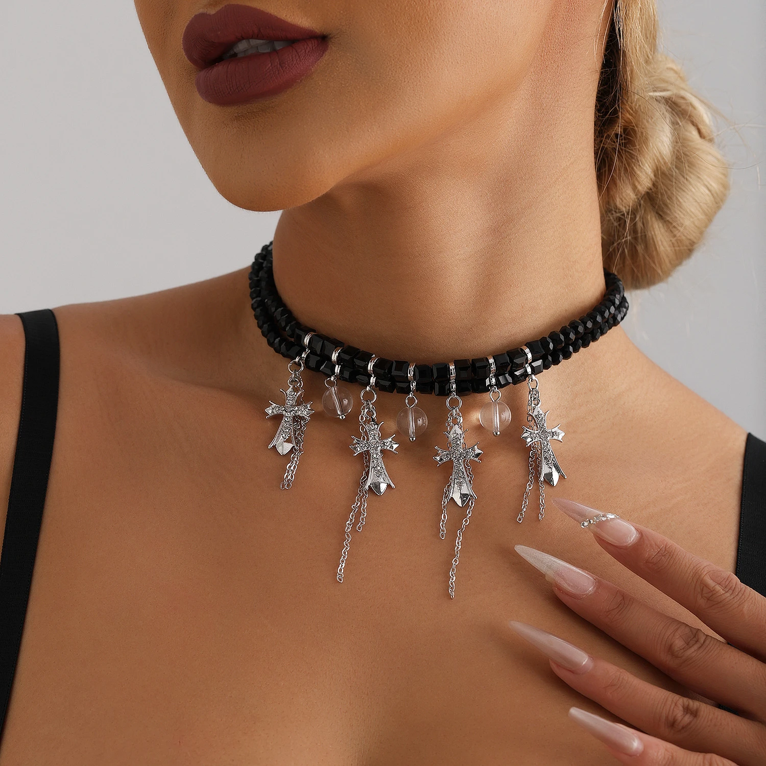 

WAKA Gothic Punk Layered Black Beaded Choker Necklace Cross Pendant Chain Tassel Trendy Statement Jewelry For Women Party Wear