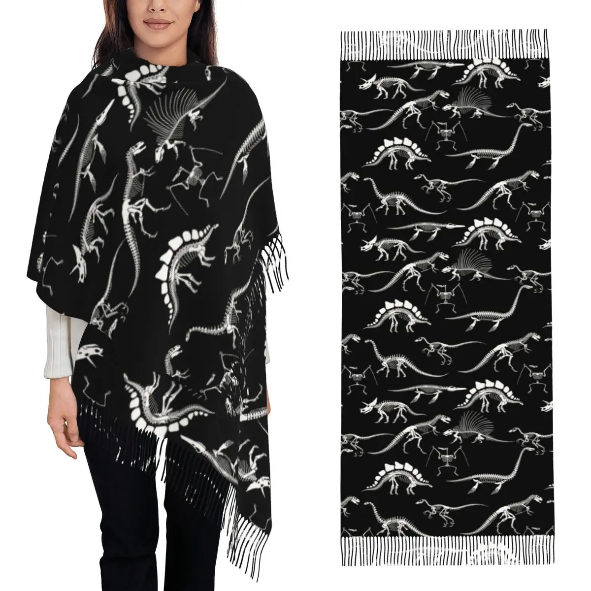 Paleontology Halloween Dinosaur Fossils Scarf Tassel Scarves Women Soft Warm Shawls and Wraps Long Fall Winter Shawl Wrap