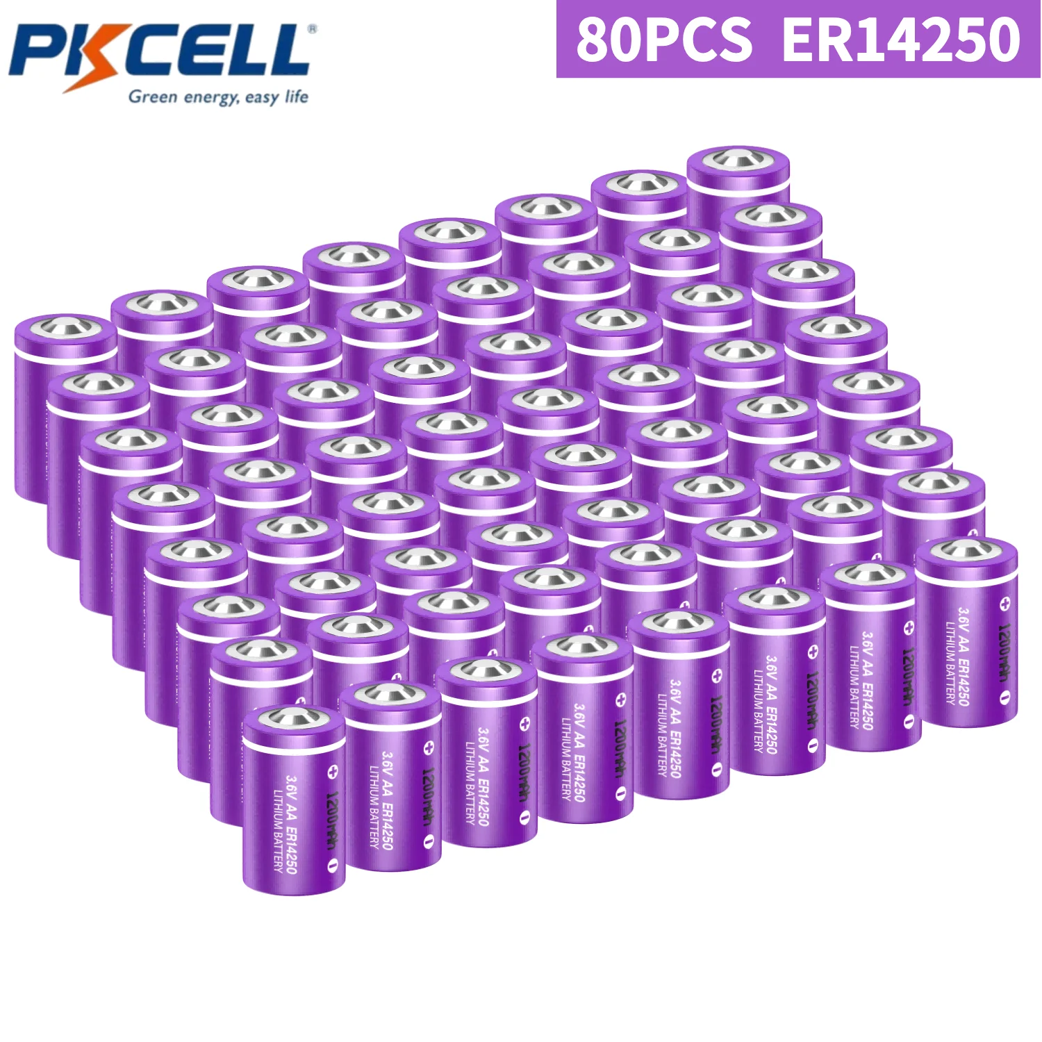 PKCELL 80PCS 3.6V 1/2AA 1200mAh Lithium Thionyl Chloride (Li-SOCL2) Battery for Water Meter