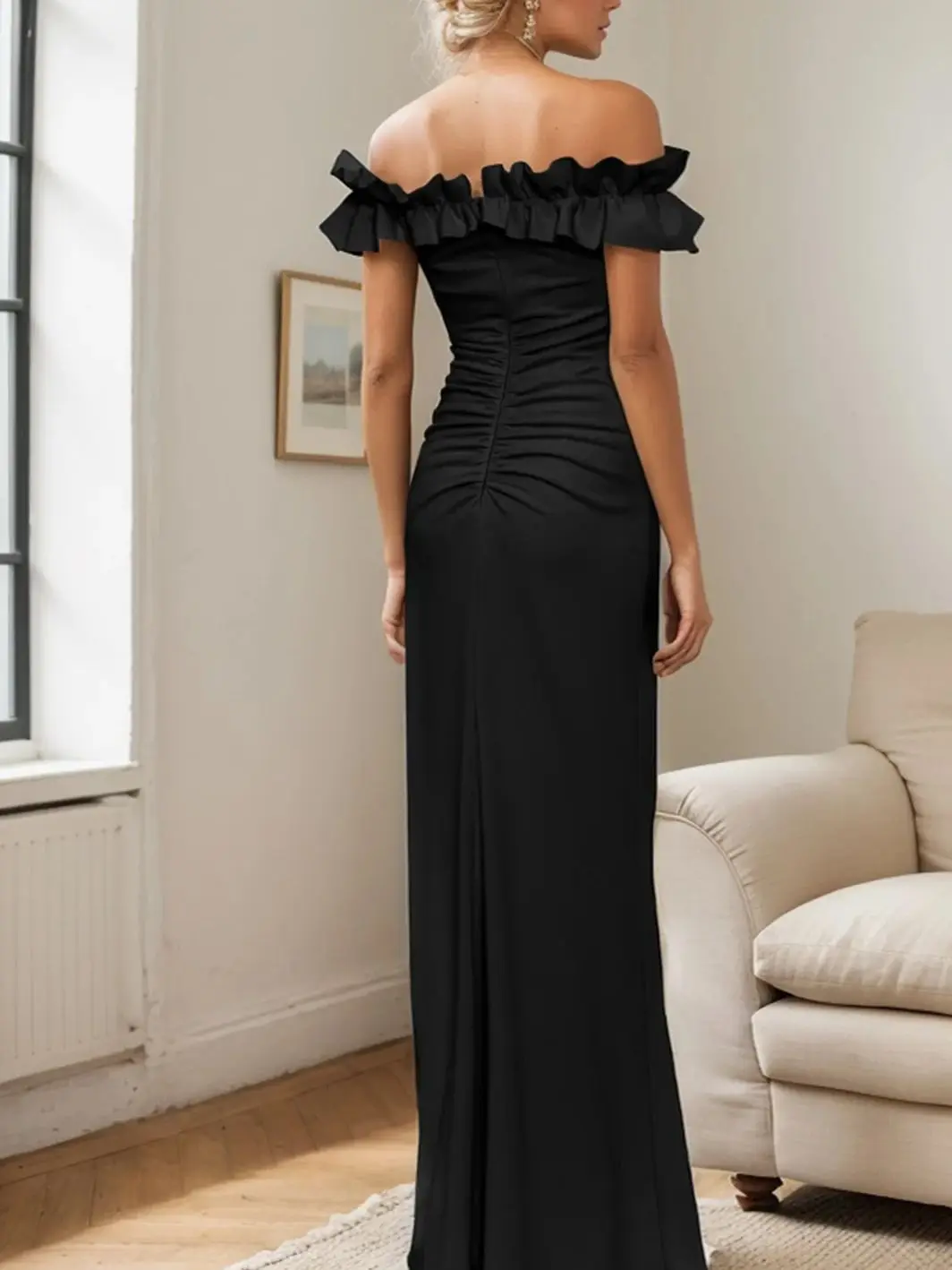 Abito da sera elegante e sexy a trapezio con spalle scoperte, lunghezza del pavimento, crêpe elasticizzato, manica ad alta spaccatura, abito da ballo 2025 personalizzato gratuito