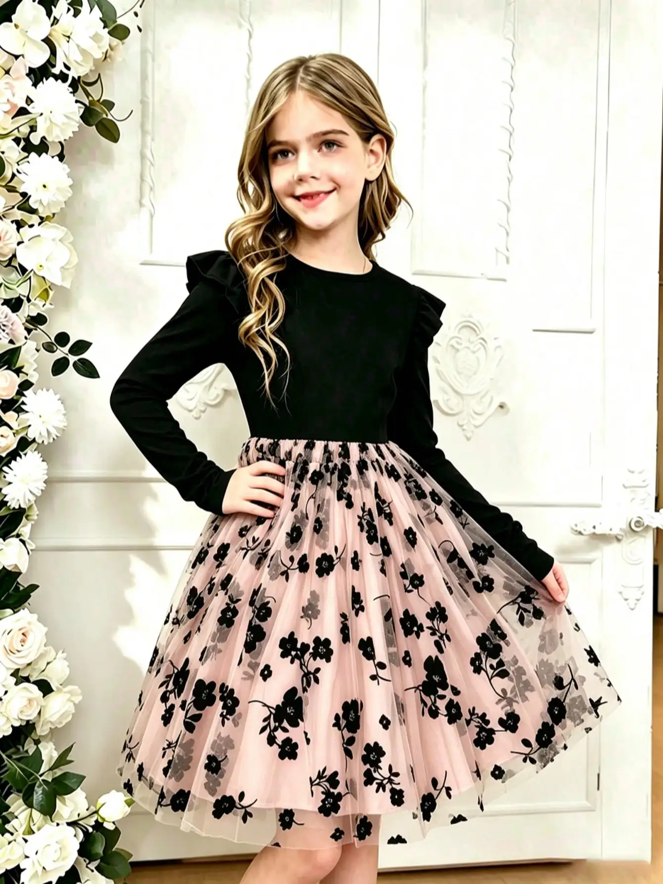 Mädchen-Freizeitkleid mit Rundhalsausschnitt, Netzstoff, Blumenmuster, Herbst, Seitlich Verlängerte Ärmel, Lässige Kinderkleidung – Detail 7