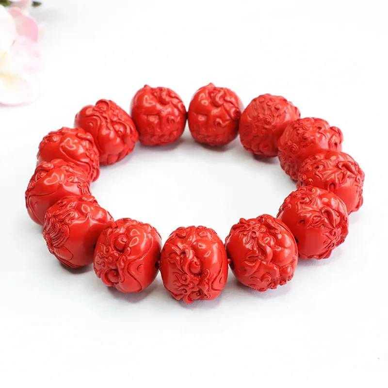 

Natural Cinnabar National Style Vintage Design Bracelet Men's and Women's Red Sand Embossed Lion Head Play Bead String Hand Rope