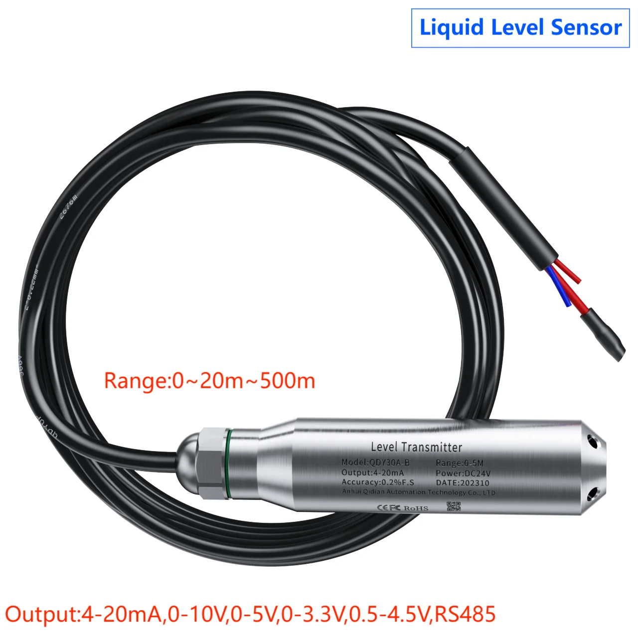 

0-3m 4m 5m 8m Hydrostatic Liquid Level Transmitter for Tank Water RS485 Liquid Level Sensor DC24V Submersible Level Transducer