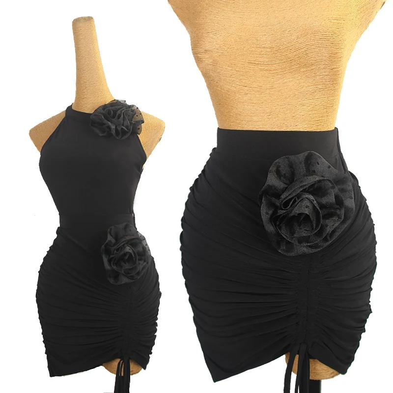 Latin Dance Drawstring Skirt Flower Black Wrap Hip Skirt Sexy Rumba Samba Dance Practice Clothes Salsa Dance Clothing DNV22051