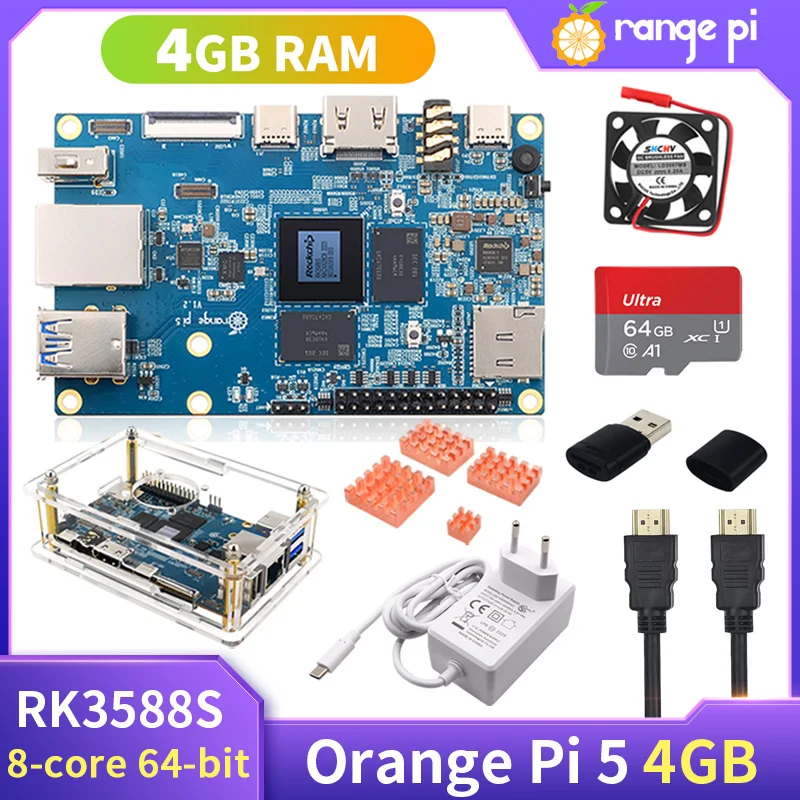 

Orange Pi 5 4GB RAM RK3588S 8-Core 64-Bit PCIE Module External WiFi+BT Optional 5V 4A Power Supply Acrylic Case Fan Heatsinks