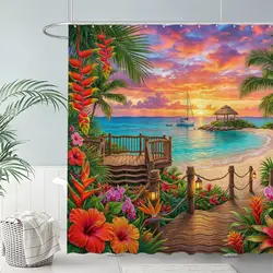 Tropical Beach Shower Curtain with Hooks Summer Ocean Seaside Island Hawaiian Scenery Bath Curtain for Bathroom Bathtub Decor