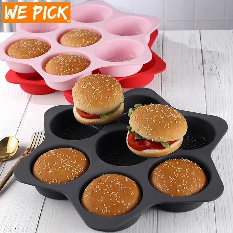 WePick Bread Mold Air Hole Design Breathable 7 Cavity Hamburger Buns Pan Solid Color Soft Silicone Pastry Mold Cooking Gadget