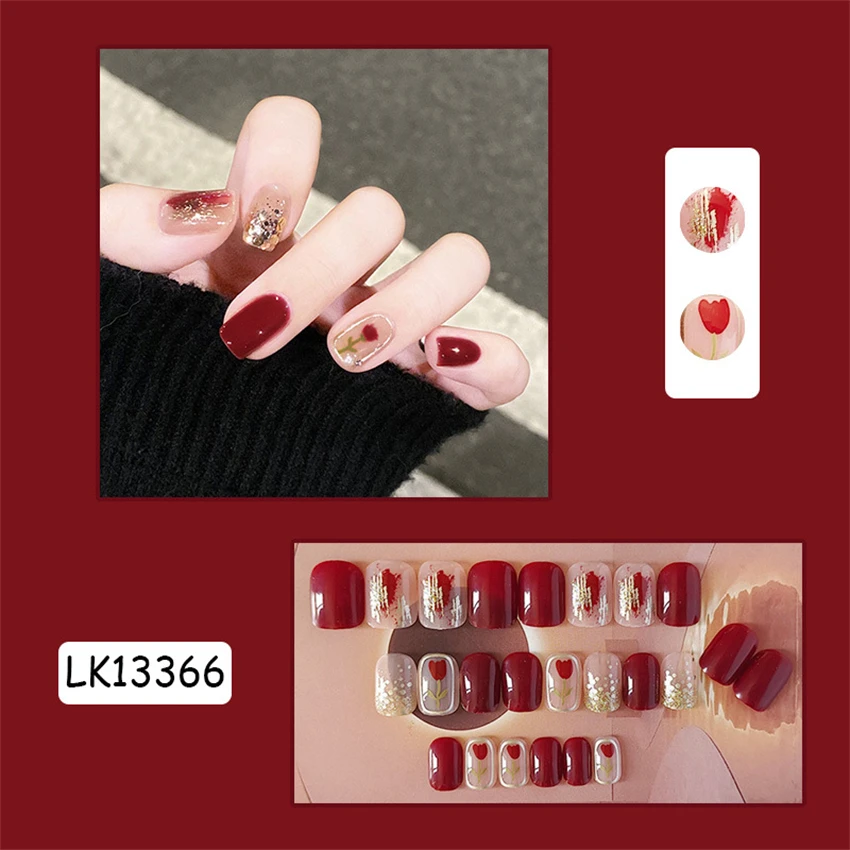 

24Pcs/Set Velvet Rose Art Press on Nails Removable French Artificial Wearing False Nails Full Coverage Short Fake Nails Tips