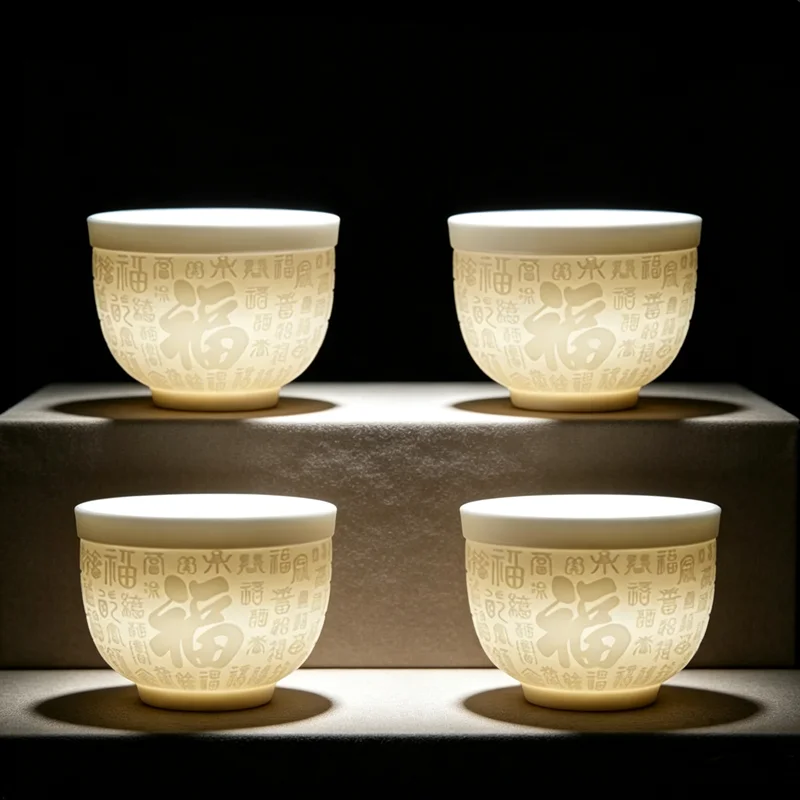 Mutton Jade Porcelain Tea Cup, Chinese Teacup, Embossed Dragon and Phoenix Ceramic, Small Wine Cups, Household, Delicate
