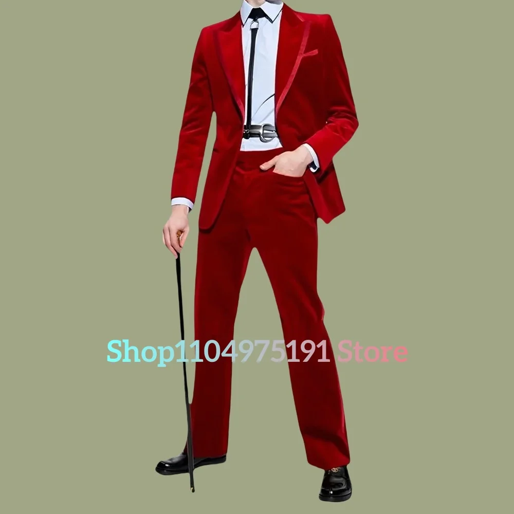 Conjunto de traje ajustado de terciopelo rojo para hombre con temperamento, traje clásico de 2 piezas para hombre (chaqueta + pantalones), traje de escenario para hombre, vestidos de fiesta