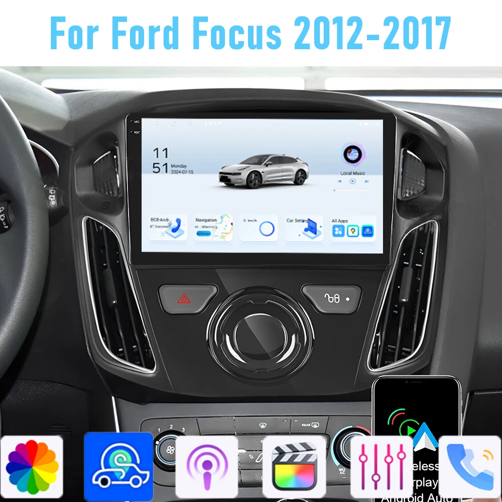 9'' For Ford Focus 2012-2017 Car Radio GPS Multimedia Carplay Android 15 Wireless Navigation Intelligent Camera 4GB+64GB