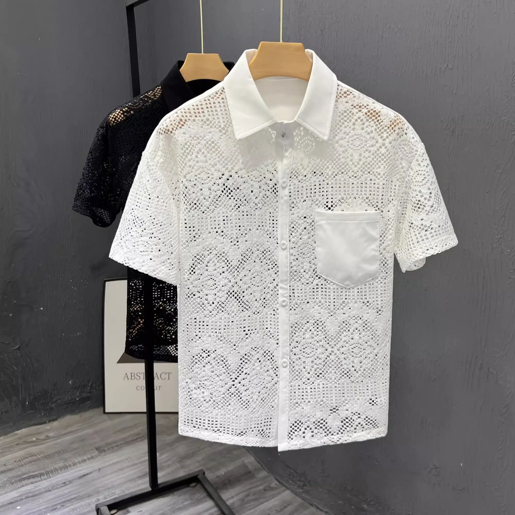 

Summer new hollow design casual short-sleeved shirt men's shirt versatile loose top