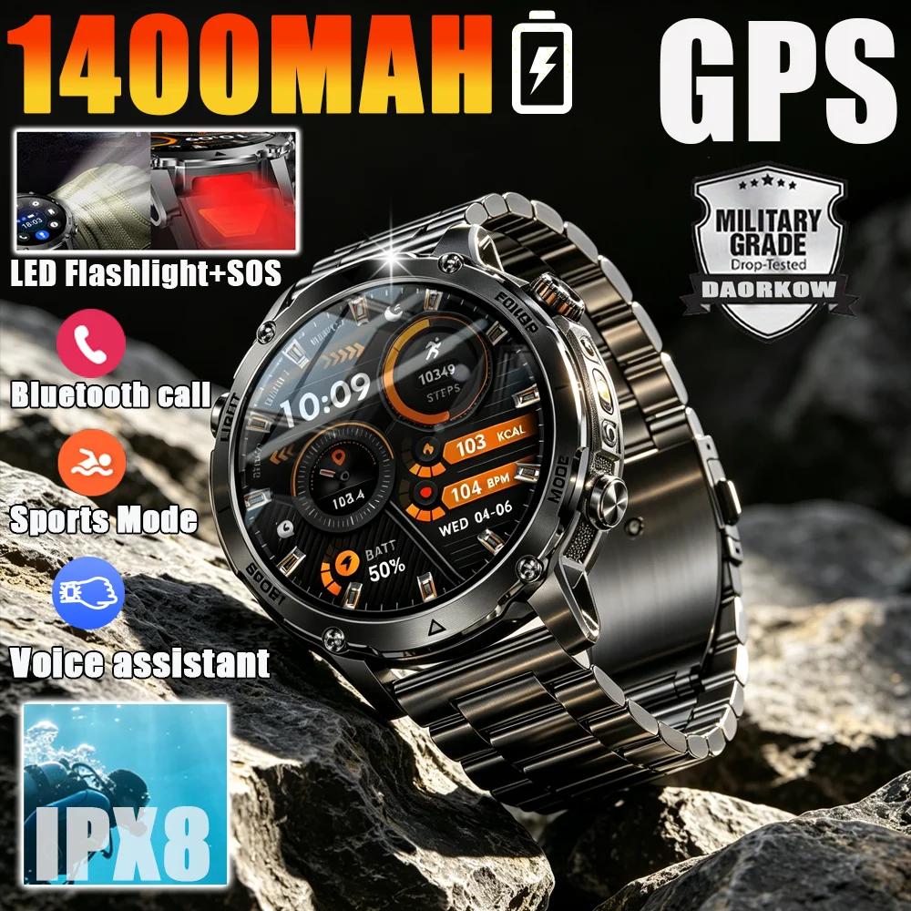 New Arrival Smart Watch, Outdoor Military Grade, Sports Men's Model, 1400mAh Battery, GPS, SOS, LED Flashlight, Multi-functional