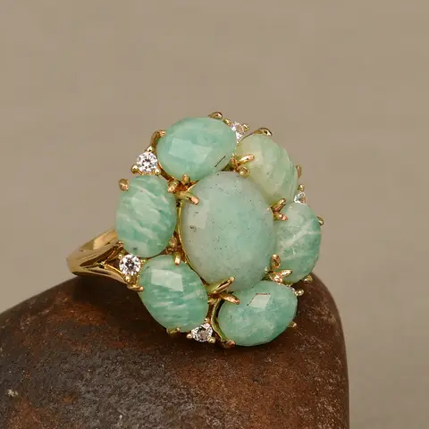 G-G Natural Amazonite Blue Crystal Cubic Zirconia Flower Shape Ring Fashion Gift