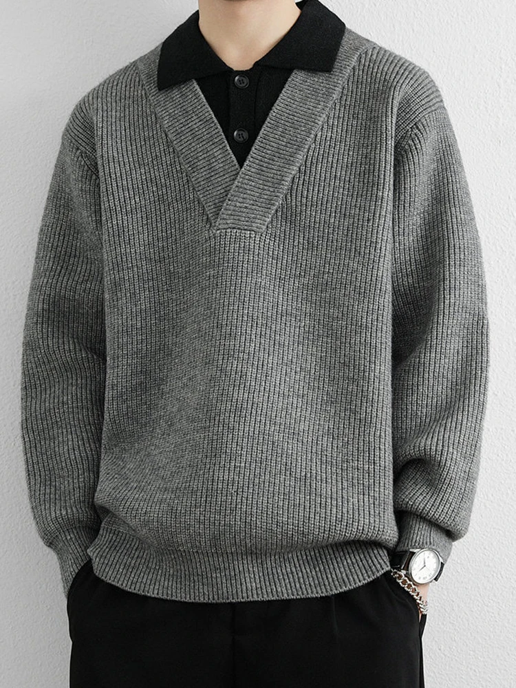 موضة المرقعة مزدوجة الطبقات بولو البلوزات الرجال Vintage زرر التلبيب متماسكة قميص بولو رجالي خريف شتاء عادية محبوك Polos #3