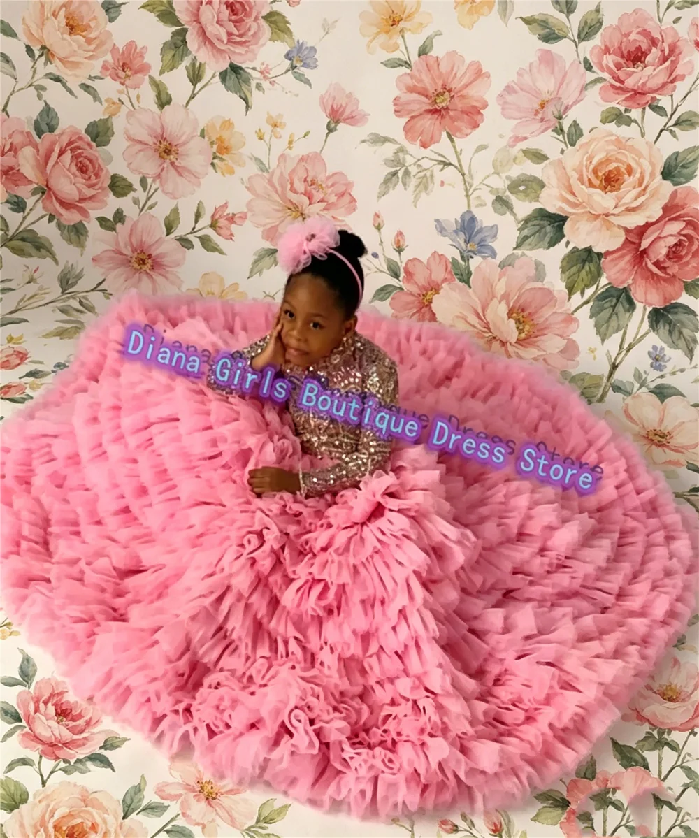 Luxury Flower Girl Dress Pink Tulle Puffy Layering With Quality Gold Printing For Kids Wedding Birthday Party Evening Ball Gowns
