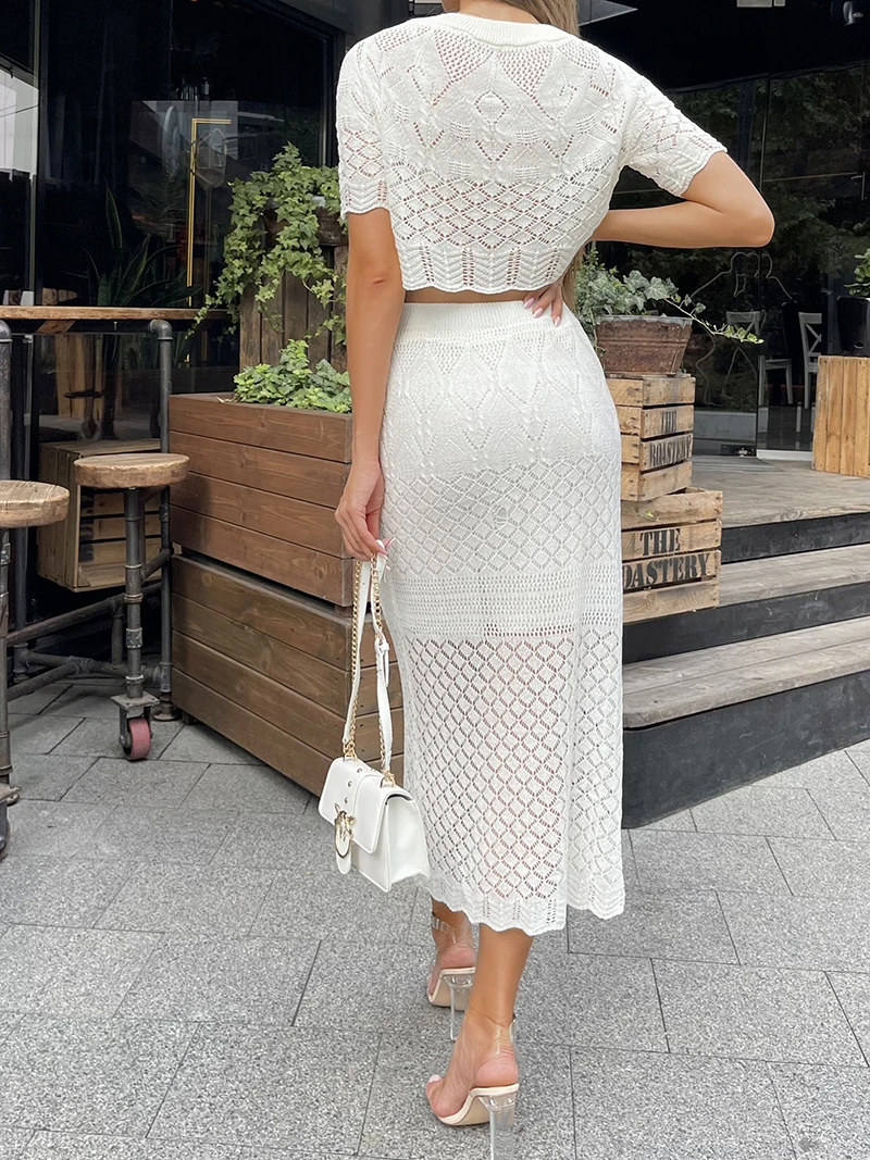 Seksowny letni dwuczęściowy zestaw damski Casual Knit Skirt 2-częściowy zestaw z podszewką Hollow White Floral Dzianinowy dwuczęściowy zestaw damski