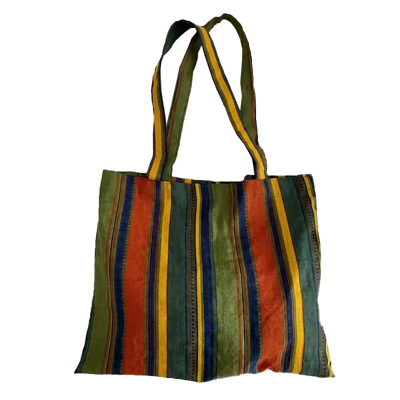 

Женская богемная полосатая льняная сумка-тоут большой вместимости, повседневная сумка через плечо для ежедневных поездок, шопинга и путешествий