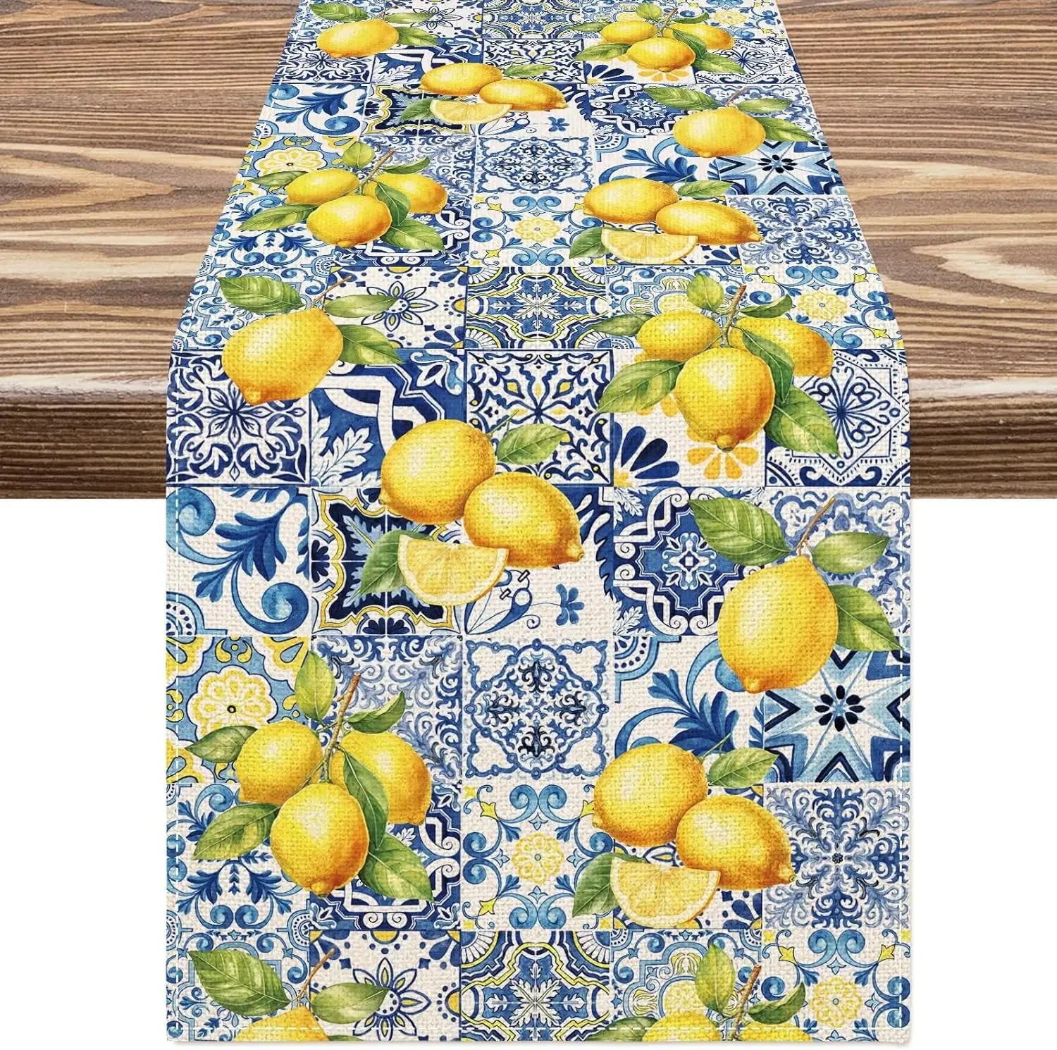 

Summer Lemon Tiles Table Runner Multiple Sizes 2D Print Citrus Tile Theme Natural Linen Kitchen Dining Wedding Decor Fresh Vibe