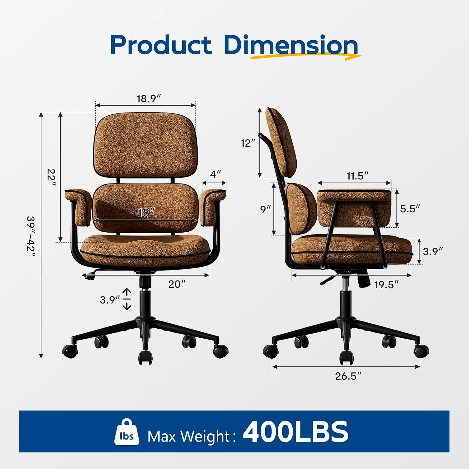 Brown Office Chair Memory Foam Seat Mid Century Modern Desk Chair, Customized