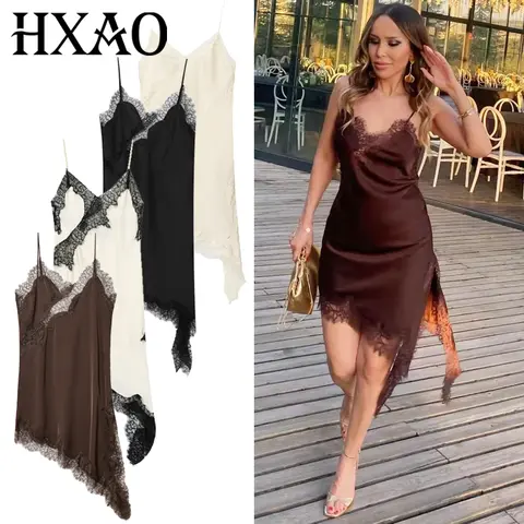 HXAO Womens Dresses Lace Asymmetric Slip Dress Summer 2025 Sexy Evening Dresses Ladies Mini Brown Sleeveless Backless Vestidos