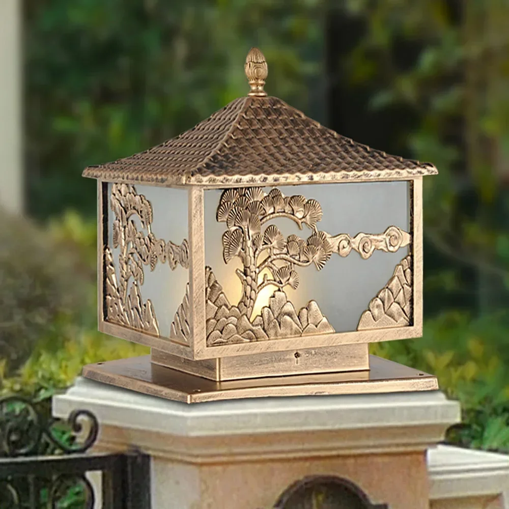 Royal Aluminum Alloy Engraved Pillar Lamp Landscape Light Pine Relief Decorative Garden/Yard Lighting E27 Waterproof Lights