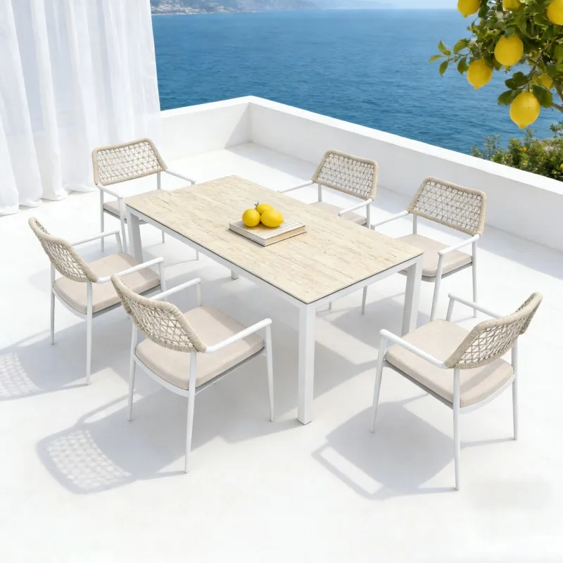 

！@Dwoo White Aluminum Frame Rope Weaving Chairs Table Set Outdoor All Weather Resistant Garden Patio Dining Set
