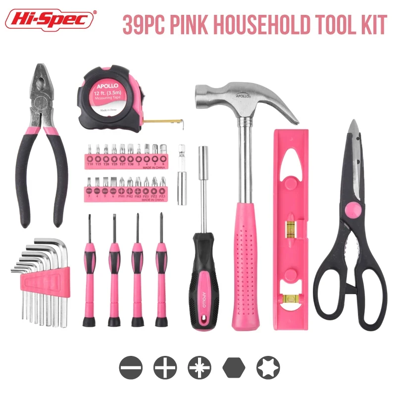 New Mini Pink Home DIY Tool Set for Ladies, Complete Basic Hand Tools Combo Kit with Carry Box, Perfect Present for Beginners