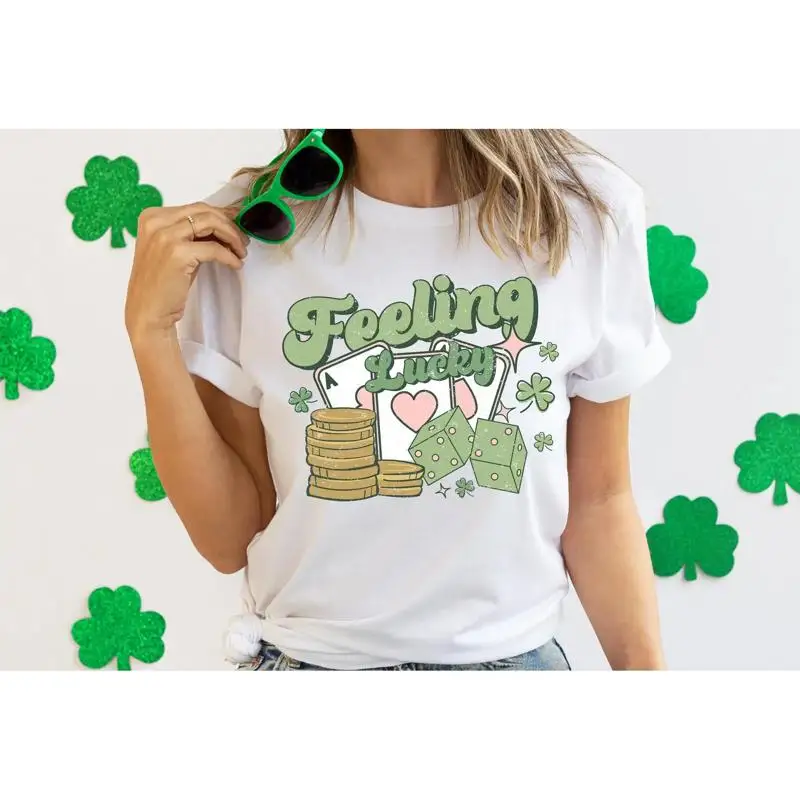 Feeling Lucky Shirt St Patricks Day T Crewneck Sweater Shamrock Saint Irish Four Leaf Clover